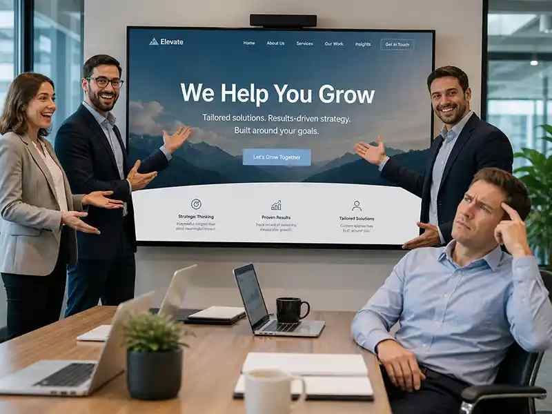 Business team proudly unveiling a giant website hero that says “We Help You Grow” while nobody knows what the service is