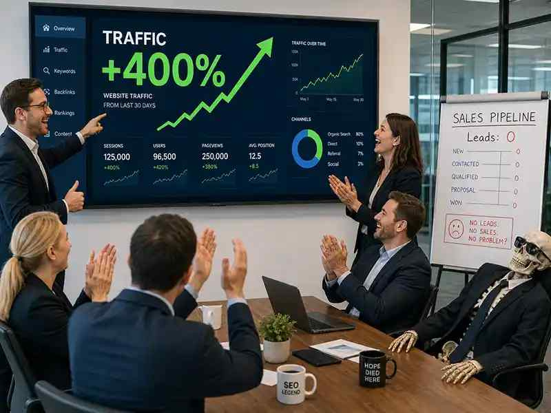 Business team worshipping a giant dashboard that says “TRAFFIC +400%” while sales pipeline is empty