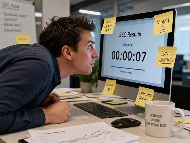 Founder staring intensely at a laptop timer labelled “SEO Results” like waiting for food to cook