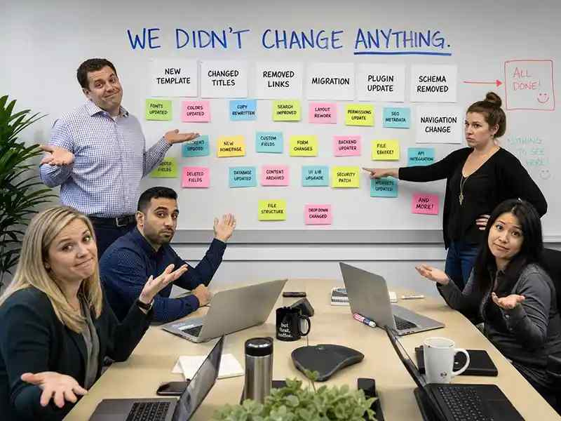 Team standing in front of a wall covered with “recent changes” sticky notes while insisting nothing changed
