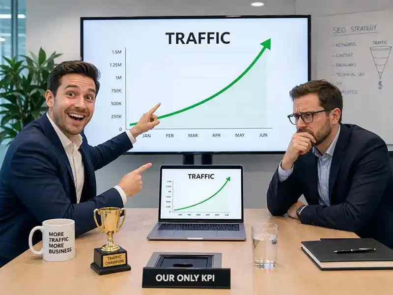 Client pointing at a laptop with a giant upward graph, while the consultant looks visibly concerned