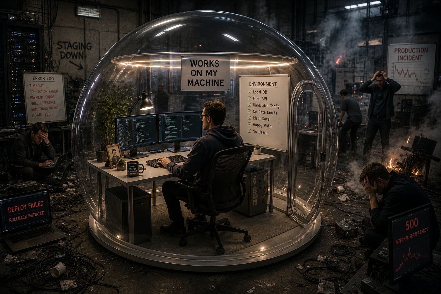 An engineer works calmly at a clean desk sealed inside a glass dome while colleagues outside firefight production failures and server errors