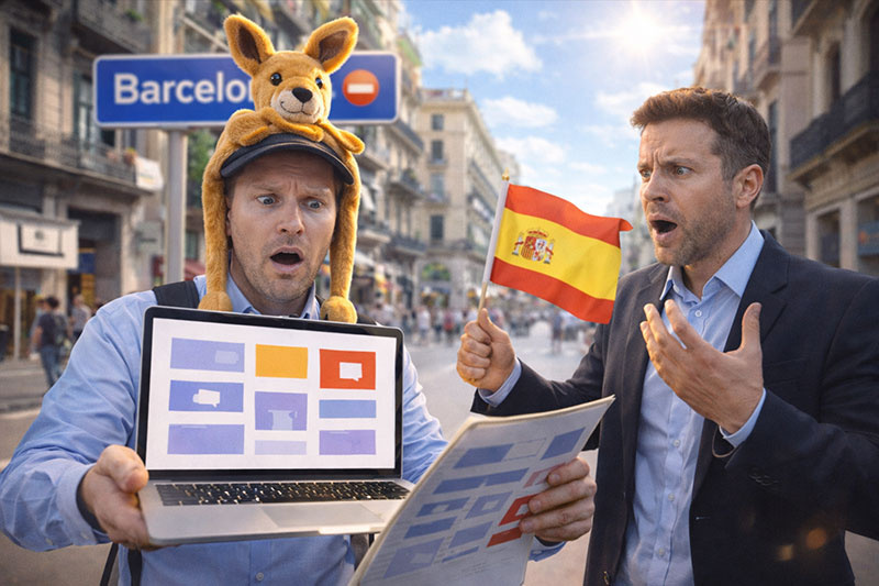 Humorous stock photo representing wrong locale content for AEO Australia vs Spain