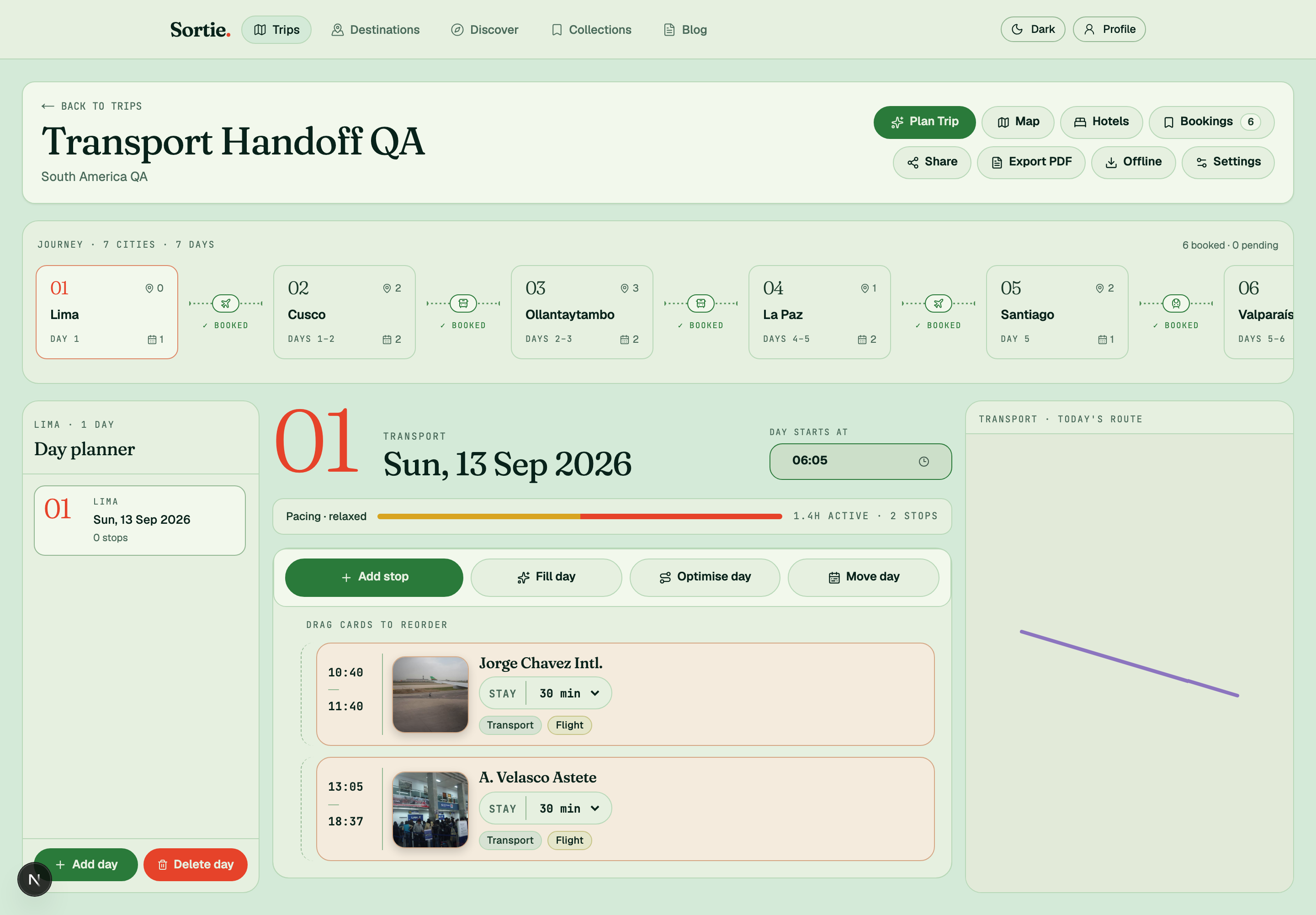 Sortie itinerary workspace showing a seven-city South America trip with booked transport segments, day planner and map panel