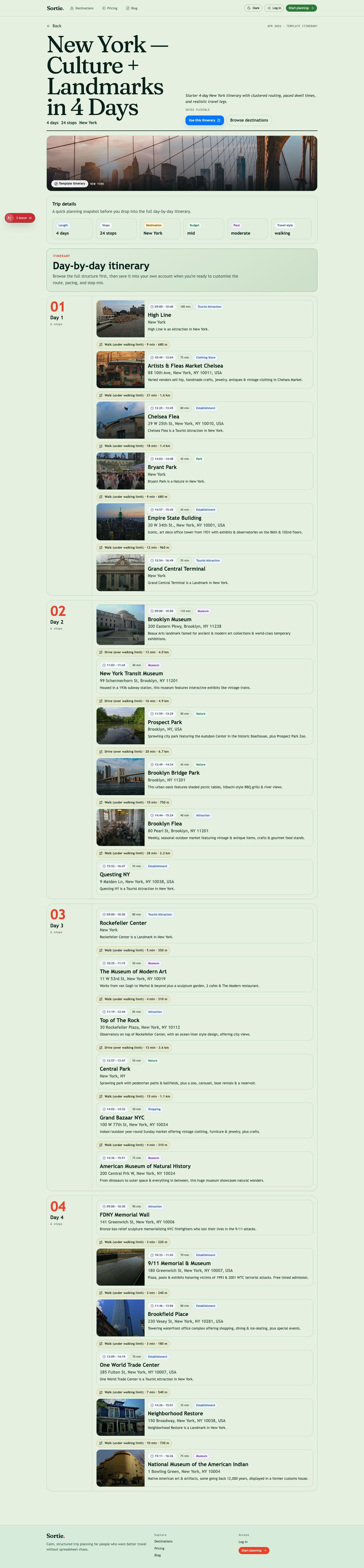 Sortie public New York itinerary page showing a four-day landmarks itinerary with day-by-day stops